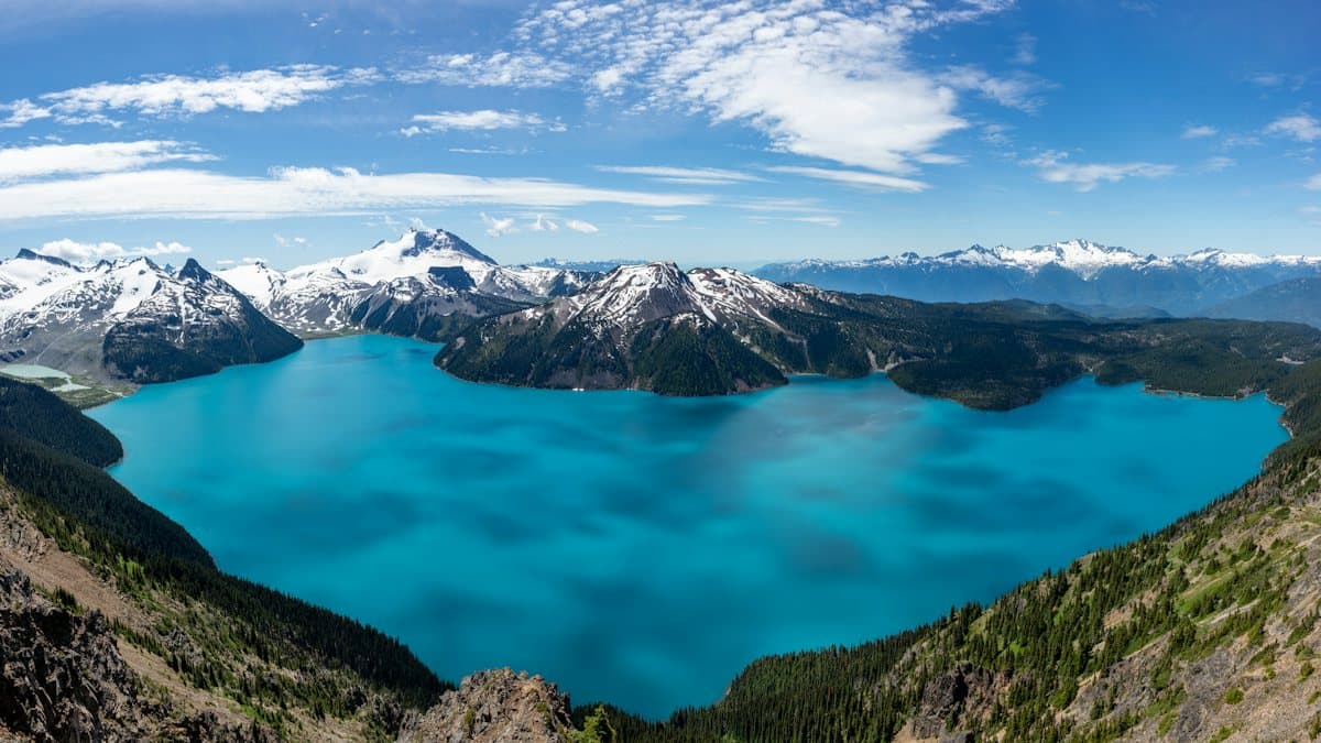 Glacial lake below snow-covered peaks
