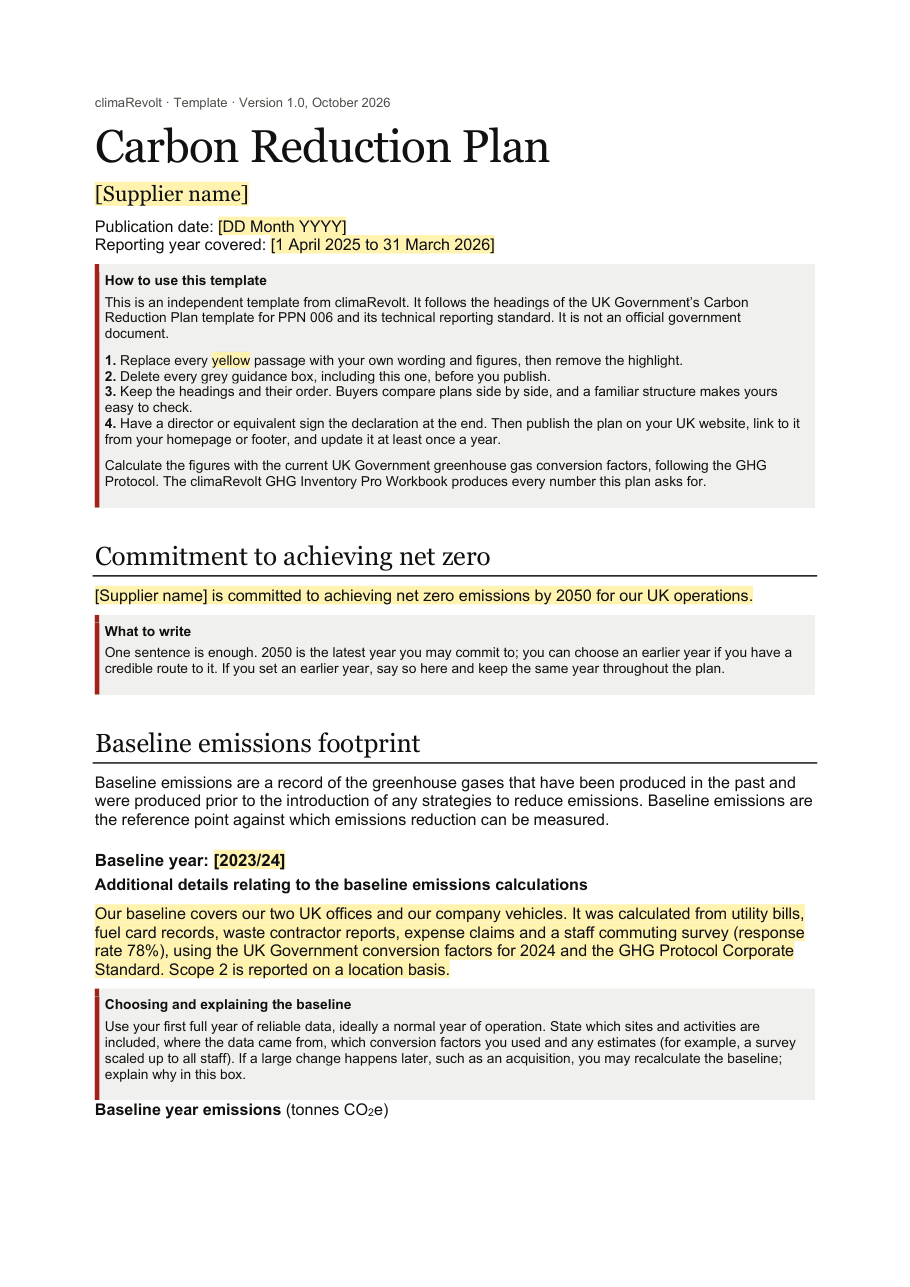 UK Carbon Reduction Plan Template, PPN 006 (Word)
